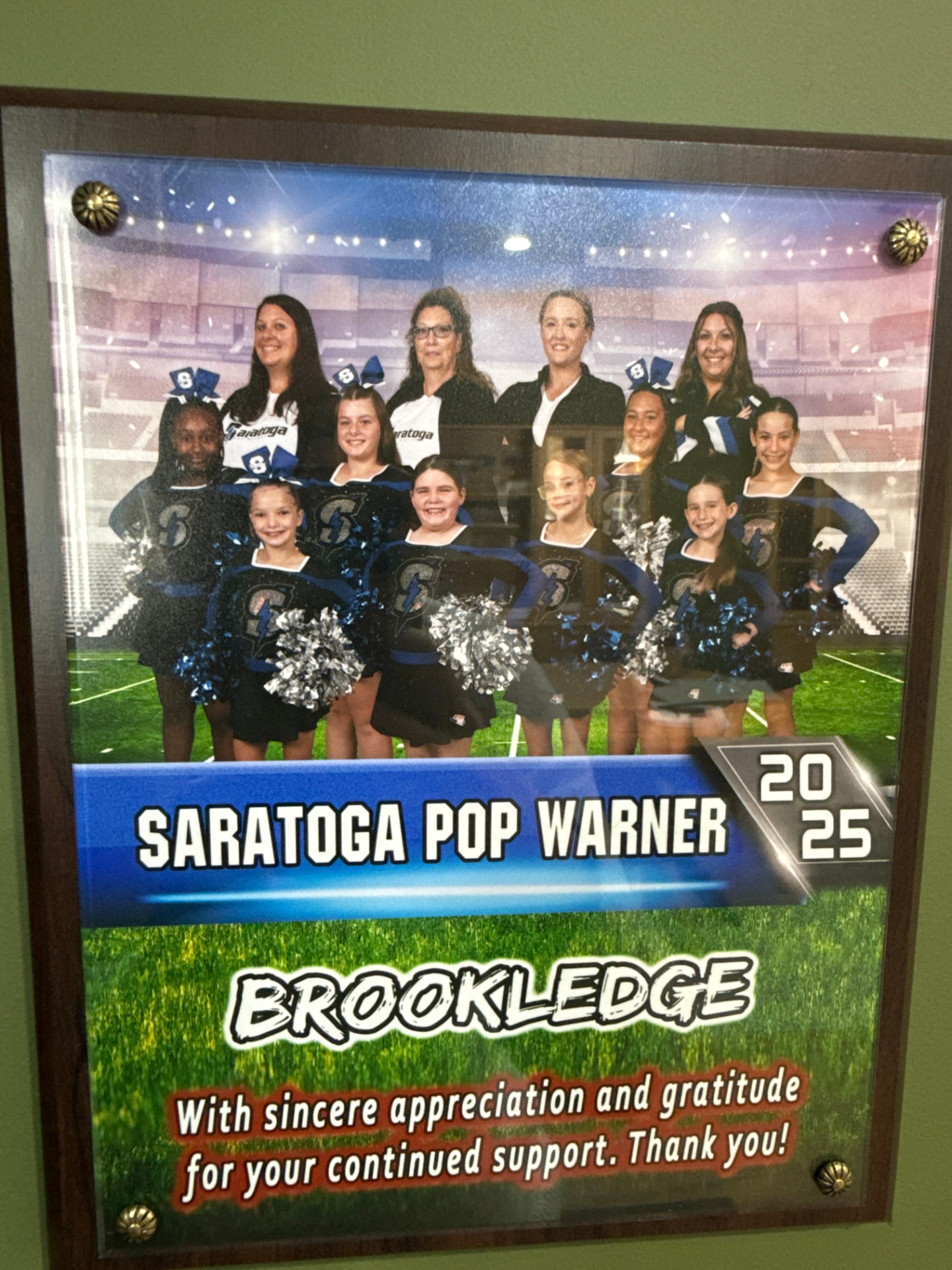 Brookledge Saratoga Pop Warner Brookledge cheer team plaque
